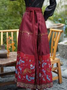 Glamorous Chinese Style Spring Burgundy Gold Woven Vintage Ming Dynasty Horse-Face Skirt Chinese Red For Chinese Wedding, Chinese Newyear, Daily, Street, Commuting, Home And Other Occasions To Wear Costumes Hanfu Bottoms - Burgundy - View 10