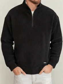 Nueva lista de otoño e invierno nuevos hombres de color sólido shaker suéter cómodo cálido medio abierto placket zip cuello de manga larga suéter unisex viento de la moda casual tops - Negro - Ver 2