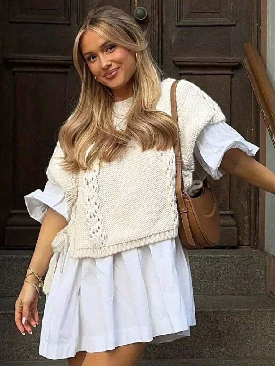 秋冬新款时尚针织衫，法式套头毛衣，不对称下摆，拱形镂空，系带开衩，返校季，美式长款衬衫，教师款，70年代毛衣，通勤装，极简主义，办公室穿搭，复古，简约，法式，纯色毛衣，秋季复古风上衣，保暖，白色，教师毛衣，圆领，女士休闲镂空套头毛衣，适合外穿 - 白色 - 查看 1