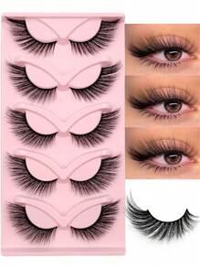 Asiteo 5 Pairs Cat Eye False Eyelashes, Soft Black Band, Fox Eye Lashes, Fluffy Faux Mink Eyelashes, Natural Makeup Effect, Eyelash Extension Makeup - 眼尾拉長款 - 查看 1