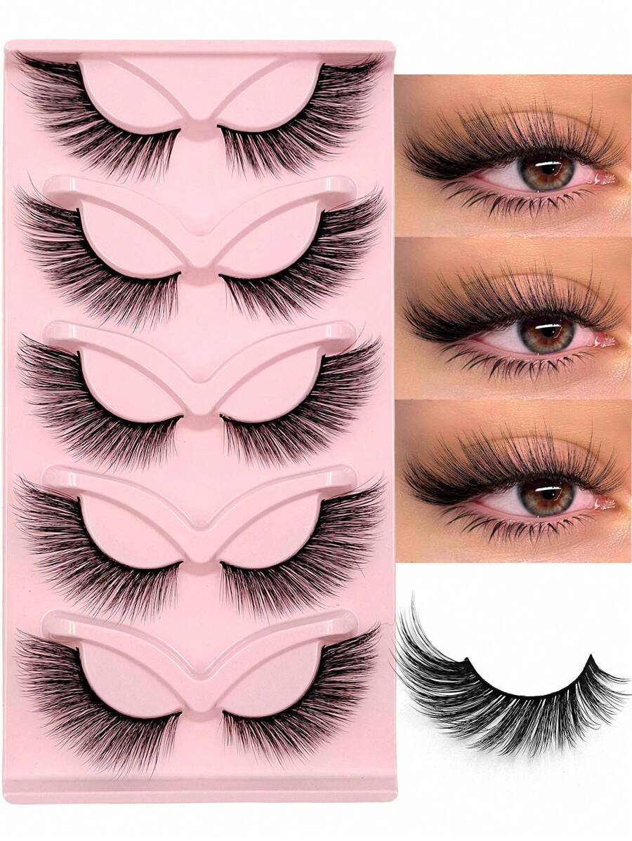 Asiteo 5 Pairs Cat Eye False Eyelashes, Soft Black Band, Fox Eye Lashes, Fluffy Faux Mink Eyelashes, Natural Makeup Effect, Eyelash Extension Makeup - 眼尾拉長款 - 查看 1