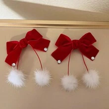 4 件装新款心形和蝴蝶结蓬松圣诞发夹，可爱发夹，适合马尾辫，时尚派对发饰 - 紅色 - 查看 12