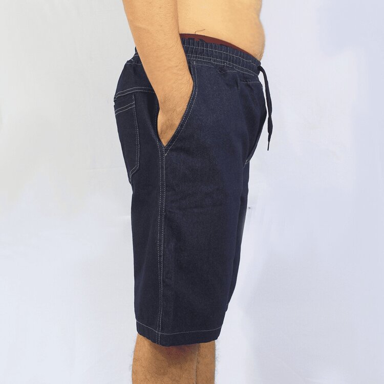 Men's Plain Denim Shorts With Side/Back Pocket And Elastic Waistband - Dark Wash - View 6