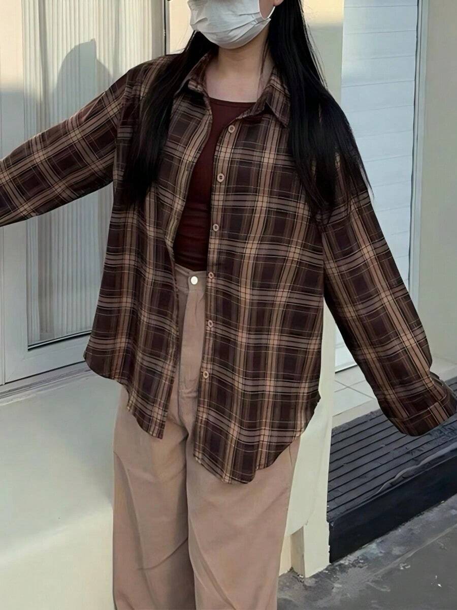 Chaqueta blusa de manga larga estilo holgado Camisa de mujer - Marrón - Ver 1