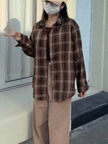 Chaqueta blusa de manga larga estilo holgado Camisa de mujer - Marrón - Ver 3