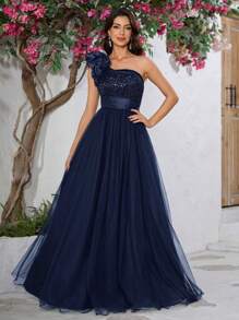 YISIKADO 3D 花卉单肩网眼撞色亮片舞会礼服夏季舞会礼服婚礼宾客伴娘生日派对晚宴 - 藏蓝色 - 查看 4