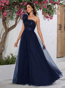 YISIKADO 3D 花卉单肩网眼撞色亮片舞会礼服夏季舞会礼服婚礼宾客伴娘生日派对晚宴 - 藏蓝色 - 查看 5