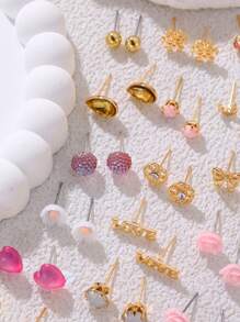 NAIZHU 30 对粉色花朵、心形、蝴蝶结可爱甜美风格耳环套装，适合女孩 - 彩色 - 查看 4