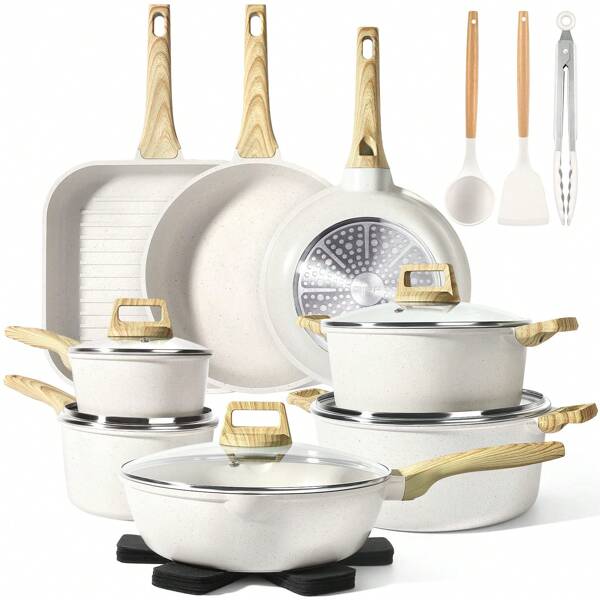 GiPP GiPP Lot de 21 casseroles et poêles avec revêtement antiadhésif en granit, sans PFOA/PFOS, poêle/wok/poêle à griller/poêle à omelette/marmite/faitout pour gaz à induction, blanc