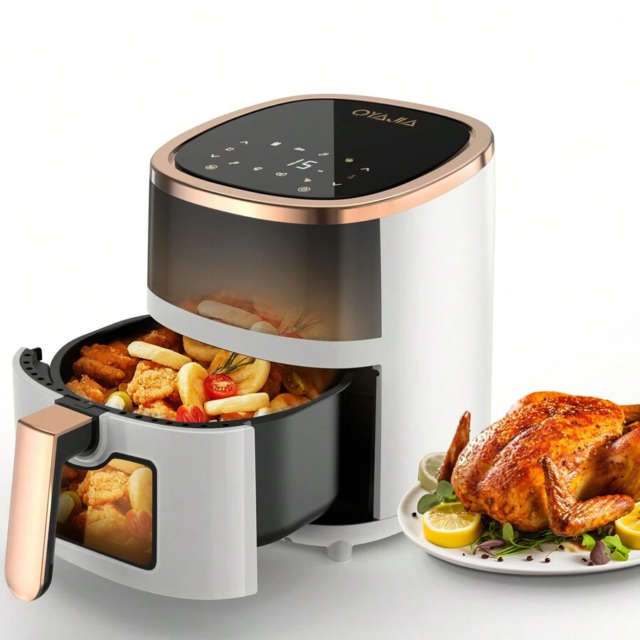 Heißluftfritteuse ohne Öl Air Fryer 4L  1200W- Heissluftfriteuse mit  Sichtfenster | Friteuse Airfryer ohne Öl mit Digitalem Led Touchscreen/Timing(1-60MIN),Touch Control 8 Programmen
