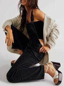 Women Denim Long Jumpsuit Casual Spaghetti Strap Wide Leg Romper Pants Summer Baggy Bib Overalls - Black - View 4