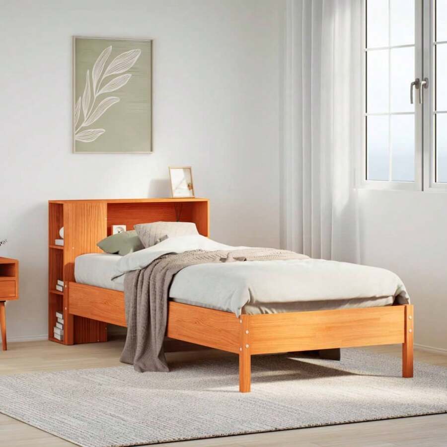 Solid Wood Pine Bookcase Bed Frame Wax Brown 100x200cm Mattress Not Included - Brown - View 1