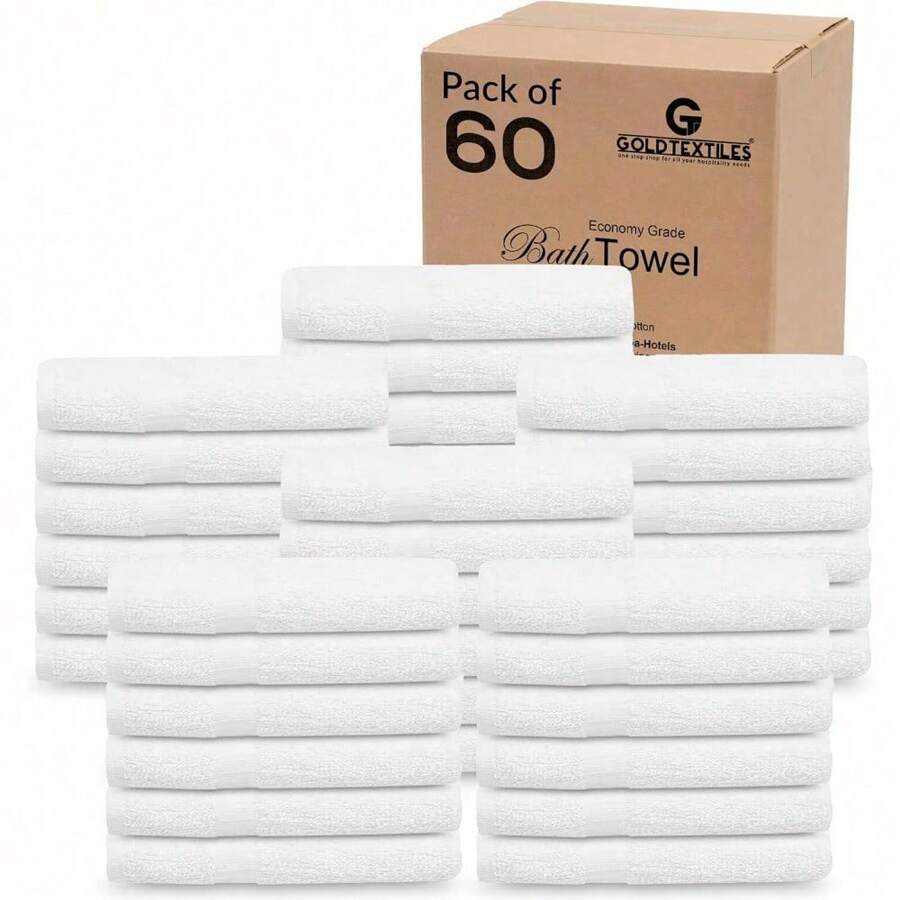 36 Pack White Hotel Bath Towels Bulk 20x40 Inches - Cotton Blend Economy Cheap Bath Towels For Commercial Uses, Gym, Salon, Spa & Hair - Lightweight Bath Towels Quick Drying (36 White) - 60 Pack - View 1