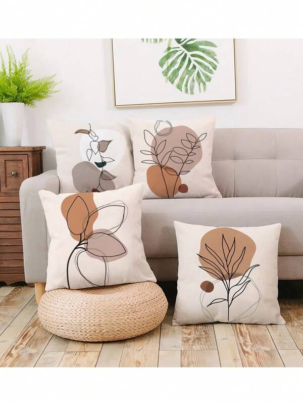 4pcs, Boho Abstract Plant Olive Leaves Decorative Throw Pillow Covers Bohemian Geometry Line Pillowcase Decoration, Minimalist Modern Art Aesthetic Cushion Case Home Decor 17.7inchx17.7inch