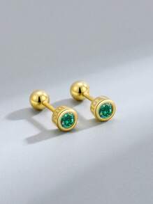 SYMFNY 1 par de pendientes con cierre de rosca de plata de ley 925 con circonita cúbica redonda - Verde - Ver 3