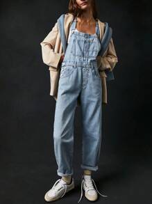 Women Denim Long Jumpsuit Casual Spaghetti Strap Wide Leg Romper Pants Summer Baggy Bib Overalls - 淺藍色 - 查看 2