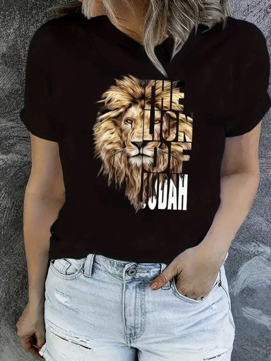 Lion & Letter Print T-Shirt, Casual Crew Neck Short Sleeve Daily Top, Women's Clothing - màu đen - Xem 1