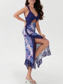 Women's Y2K Summer Bodycon Maxi Dress Floral Print Lace Patchwork Long Dress Sleeveless Backless V Neck Party Dress Beach Vacation Sundress - 藍色 - 查看 5