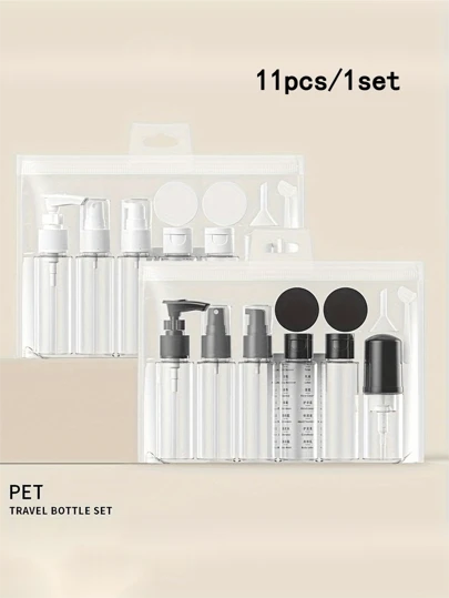 11 Stücke PET Schwarz & Weiß Reisefläschchen, nachfüllbare Set für Shampoo, Duschgel, Toner, Lotion, Essenz Reiseaccessoires Schulbedarf Urlaub Camping Urlaubsartikel Mini-Parfüm für Damen Parfüm für Herren Parfüm Strand Reiseartikel Reisenotwendigkeiten Sommer Schulzubehör Schulanfang Schulsachen