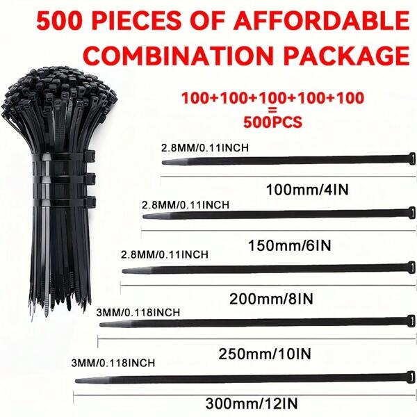 500 pièces Attaches autobloquantes - Attaches zip en nylon durables, offrant différentes tailles (300 mm / 250 mm / 200 mm / 150 mm / 100 mm), convient pour la gestion des câbles à la maison, au bureau, au jardin et dans l'atelier - Utilisation intérieure et extérieure, résistant aux rayures et à la torsion