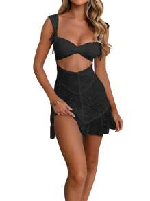 Womens Summer Short Party Dress White Sleeveless Lace Pattern Print Hollow Party Dress - Black - View 3