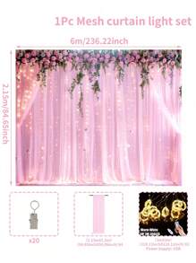Bộ rèm cửa màu hồng và dây đèn, băng rôn vải mỏng trang trí hoàn hảo cho tiệc sinh nhật, đám cưới, tiệc năm mới 2025, tường nền phòng, bao gồm 2 tấm vải mỏng màu hồng 150 * 215cm, 1 dây đèn ấm 300cm 300 đèn LED, đèn dây rèm cửa dùng nguồn USB, điều khiển từ xa 8 chế độ chiếu sáng và 10 kẹp rèm cửa - Hồng - Xem 10