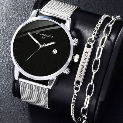 ECONOMICXI 2 件装简约圆盘指针男士手表手链套装礼物送给朋友送给父亲作为学生返校礼物