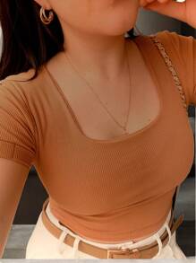 Women's Ribbed Cropped Blouse, U-Neck, Short Sleeve - 鏽棕色 - 查看 1