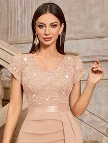 MIUSOL Elegant Sequin Lace Puff Sleeve Ruched Split Thigh Cocktail Party Bodycon Dress, Wedding Guest Dress