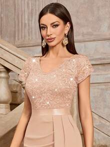 MIUSOL Elegant Sequin Lace Puff Sleeve Ruched Split Thigh Cocktail Party Bodycon Dress, Wedding Guest Dress