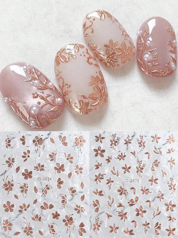 FULL BEAUTY 2pcs Metal Rose Gold Flower Leaf Nail Art Stickers Plant Lines Nail Decals Holiday Wedding Self-Adhesive Sliders DIY Nail Supplies Charms Art Decorations Nails