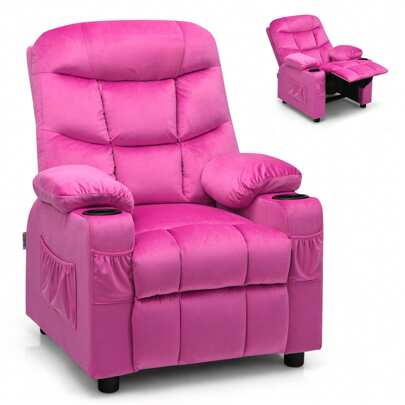 Homasis Kids Youth Recliner Chair Velvet Fabric W/Cup Holder & Side Pocket