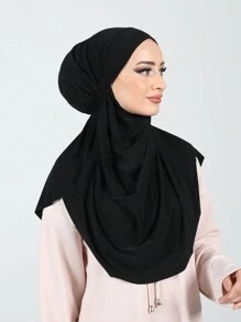 1pc Women's Casual Solid Color Classic Arab Tie Headscarf Hijab Headcover, Suitable For Daily Wear Casual Under Cap - Black - View 1