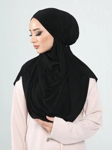 1pc Women's Casual Solid Color Classic Arab Tie Headscarf Hijab Headcover, Suitable For Daily Wear Casual Under Cap - Black - View 2