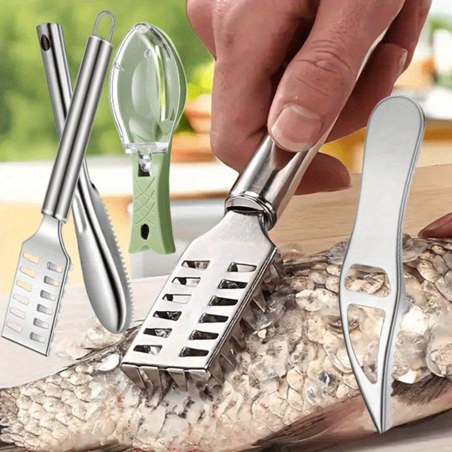 4pcs/Set Stainless Steel Fish Scale Remover With Anti Slip Handle Design, Fish Scale Planer, Professional Seafood Processing Scraper Tool With Serrated Edge, Kitchen Fish Cleaning Tool Suitable For Cooking And Catering - 4PCS 刮魚鱗神器 - 查看 1