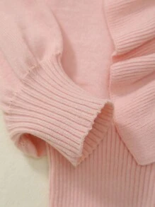 Girls' Ruffled Trim Round Neck Drop Shoulder Long Sleeve Knitted Pullover - Pink - View 4