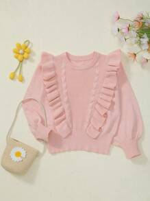 Girls' Ruffled Trim Round Neck Drop Shoulder Long Sleeve Knitted Pullover - Pink - View 1