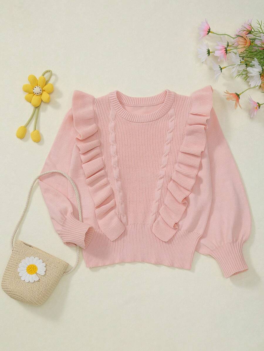 Girls' Ruffled Trim Round Neck Drop Shoulder Long Sleeve Knitted Pullover - Pink - View 1