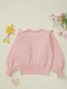 Girls' Ruffled Trim Round Neck Drop Shoulder Long Sleeve Knitted Pullover - Pink - View 2
