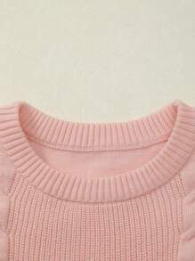 Girls' Ruffled Trim Round Neck Drop Shoulder Long Sleeve Knitted Pullover - Pink - View 3