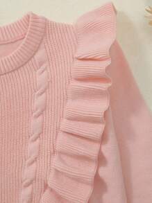 Girls' Ruffled Trim Round Neck Drop Shoulder Long Sleeve Knitted Pullover - Pink - View 5