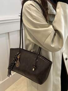 1pc Brown Quilted Zipper Closure Solid Color PU Bowling Bag, Large Capacity Tote Bag, Fashionable New Design, Shoulder Bag With Vintage Style, Suitable For Ladies Everyday Use, Autumn/Winter - Coffee Brown - View 8