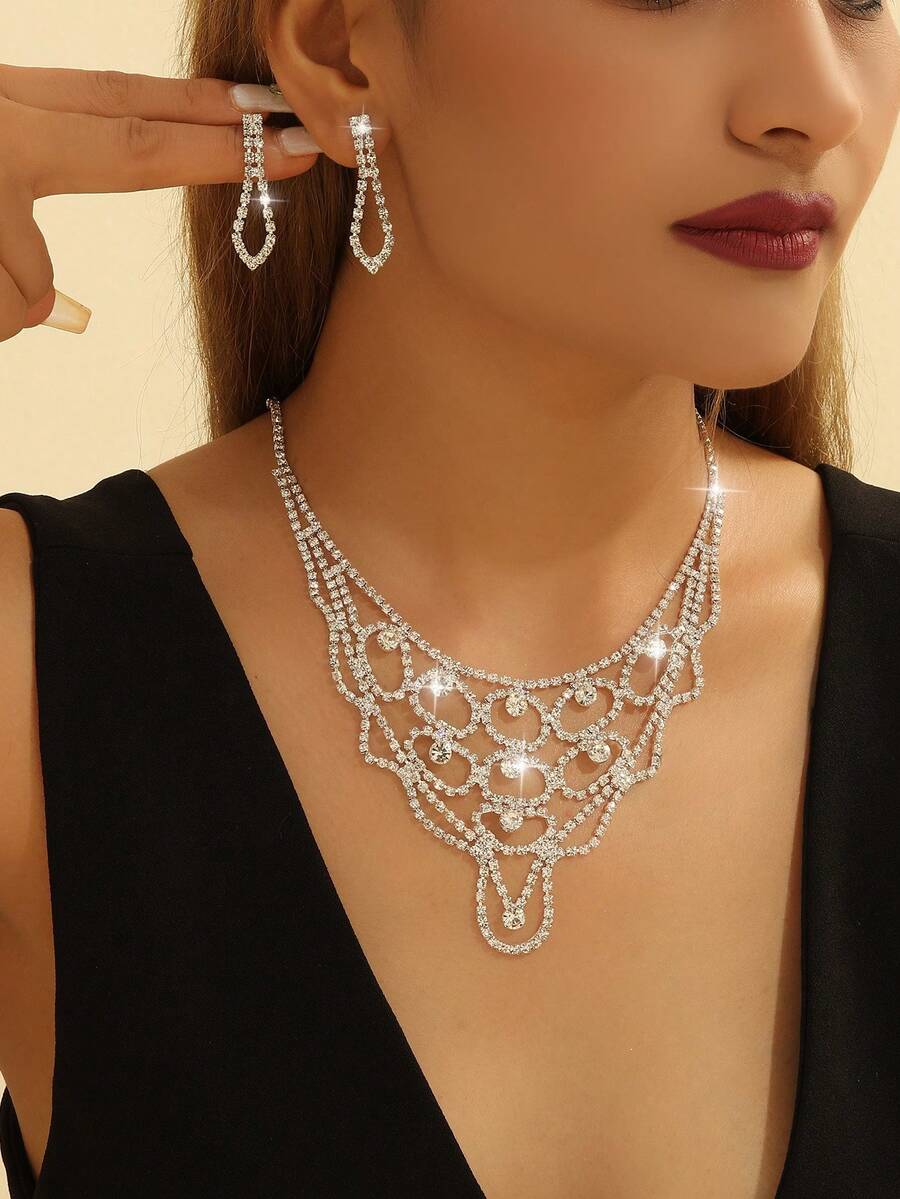 MESTILO Bộ trang sức vòng cổ hoa tai vòng đính đá Rhinestone 3 chiếc, phù hợp cho phụ nữ mặc hàng ngày và dự tiệc - vòng tròn - Xem 1