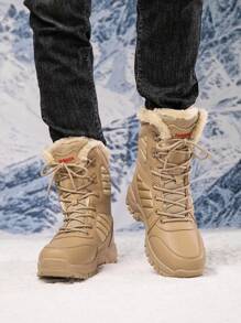 Giày bốt nam cổ cao đến giữa bắp chân, màu trơn, lót giữ nhiệt mùa đông, buộc dây dày, vá víu, cỡ lớn - Màu Khaki - Xem 4