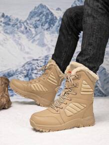 Giày bốt nam cổ cao đến giữa bắp chân, màu trơn, lót giữ nhiệt mùa đông, buộc dây dày, vá víu, cỡ lớn - Màu Khaki - Xem 9