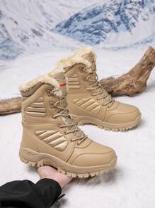 Giày bốt nam cổ cao đến giữa bắp chân, màu trơn, lót giữ nhiệt mùa đông, buộc dây dày, vá víu, cỡ lớn - Màu Khaki - Xem 8