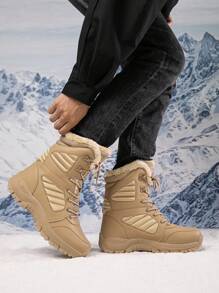 Giày bốt nam cổ cao đến giữa bắp chân, màu trơn, lót giữ nhiệt mùa đông, buộc dây dày, vá víu, cỡ lớn - Màu Khaki - Xem 2