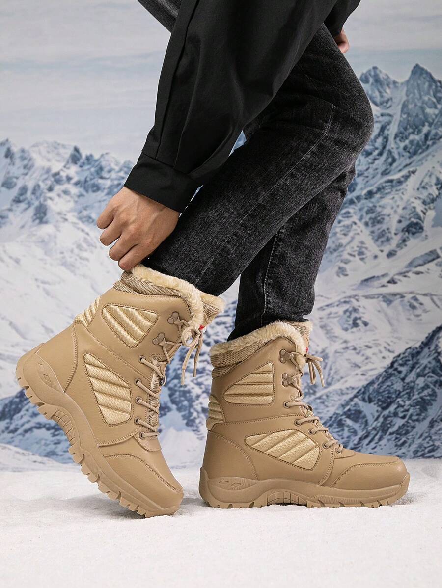 Giày bốt nam cổ cao đến giữa bắp chân, màu trơn, lót giữ nhiệt mùa đông, buộc dây dày, vá víu, cỡ lớn