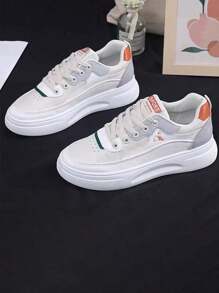 Women's Round Toe Lace Up Flat Sneakers, Dopamine Inspired With White/Green/Orange Colors, Suitable For Casual Wear, Christmas Gift, Fashion Sneakers - 灰色 - 查看 2