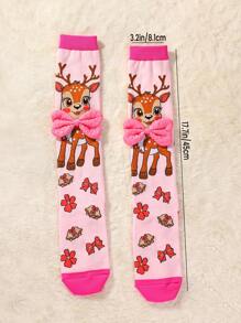 1 Pair Girls Over-The-Knee Socks Deer Pattern, Pink Color, Bow Decor, Cute Deer Socks, Fashion And Versatile For Christmas, Party, Casual, Sports, School, Autumn/Winter - Multicolor - View 5